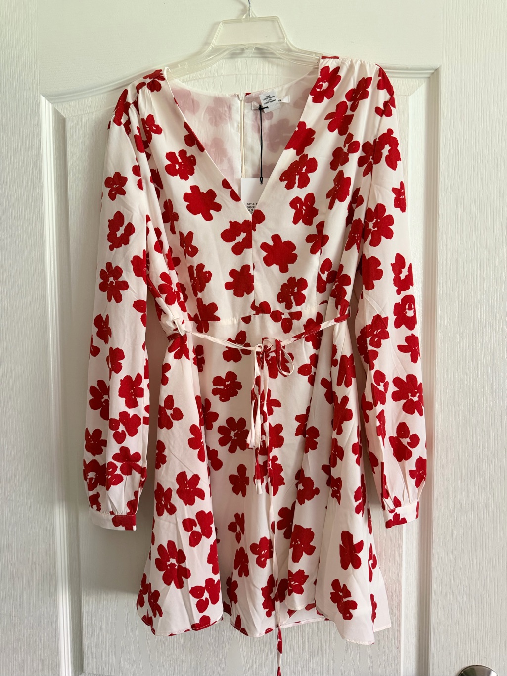 Asos New White Dress With Red Floral Print - V-Neck Long Sleeve